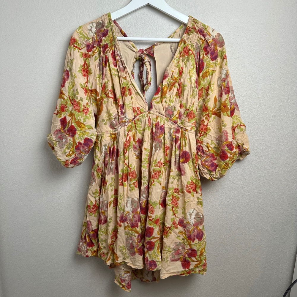 Free‎ People Beck Mini Dress Small Relaxed Peach Floral Puff Sleeve Boho